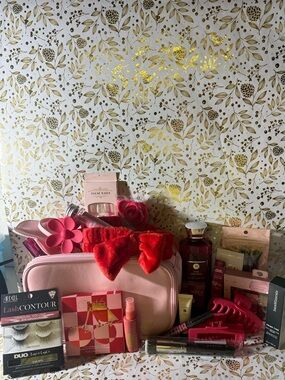 Reserved for Jen Pink Cosmetic Makeup Bag with Red Hair Bow & Beauty Accessories